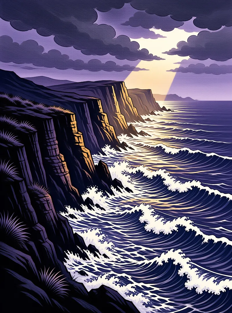 A graphic illustration of basalt headlands meeting layered waves in violet dusk light, with sunbeams through cloud.