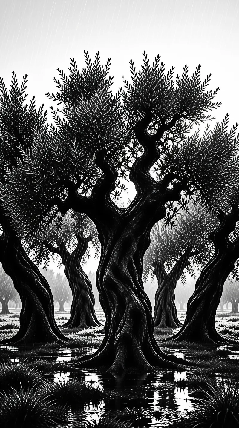 Monochrome image of gnarled olive trees in shallow water under rain, with reflections on the wet ground.