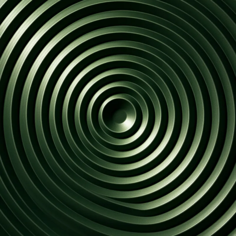 A close abstract composition of polished green metal rings spiraling toward a dark central hollow with soft highlights.