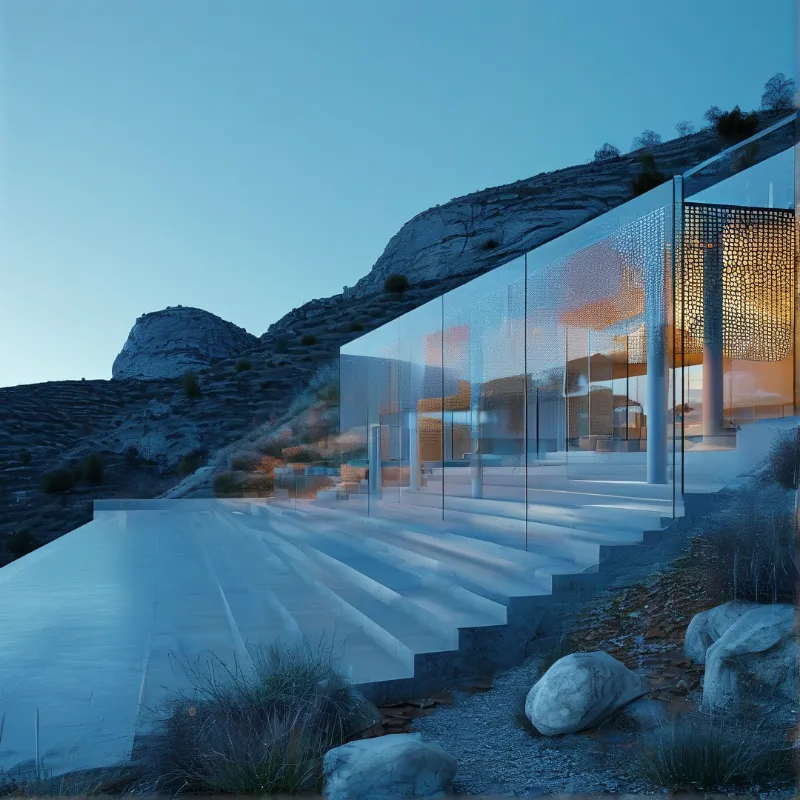 A contemporary glass residence rests on white steps overlooking rugged terrain during the blue hour with warm light inside.