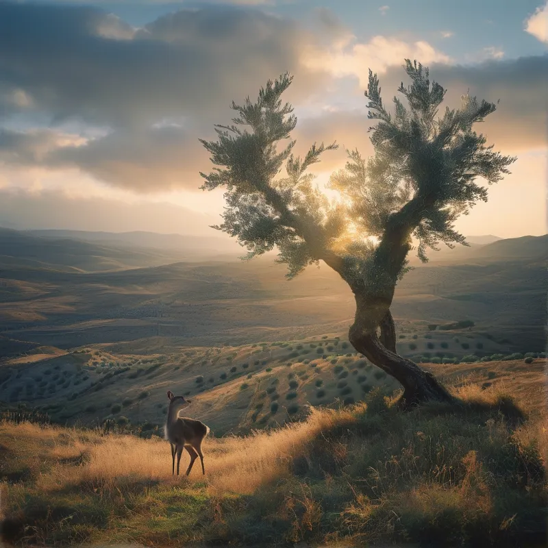 A twisted tree stands near a deer on a grassy hilltop while the sun shines through branches