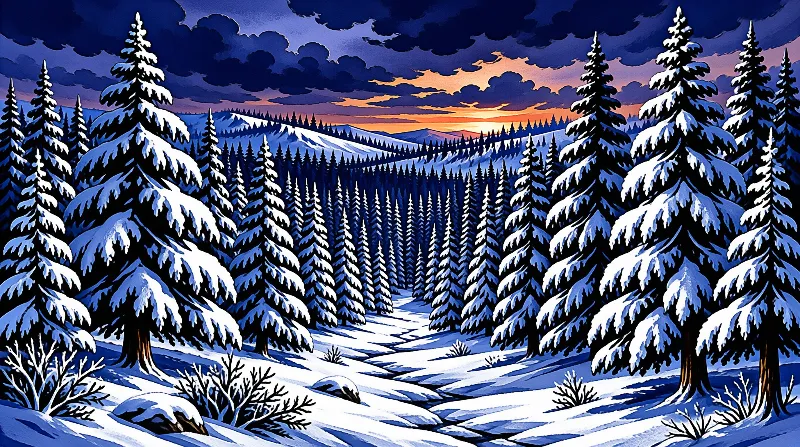 A vintage poster style scene shows frosted spruces framing a snowy hollow lit by a setting sun beneath deep indigo cloud.