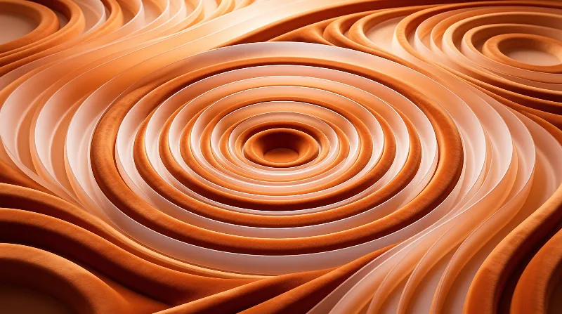 Pale cream and terracotta layered rings curve in concentric vortices, casting soft shadows into deep central hollow grooves.