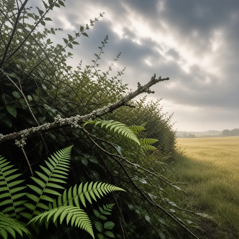A lichen covered branch frames dark ferns and points toward a sunlit grassy field beneath grey clouds.