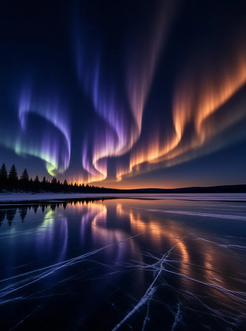 Vibrant aurora ribbons display purple and orange hues reflecting on a cracked frozen lake surface.
