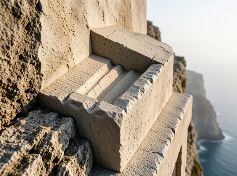 Weathered stone architecture with carved molding overlooks a distant coastal cliff and ocean in warm sunlight.