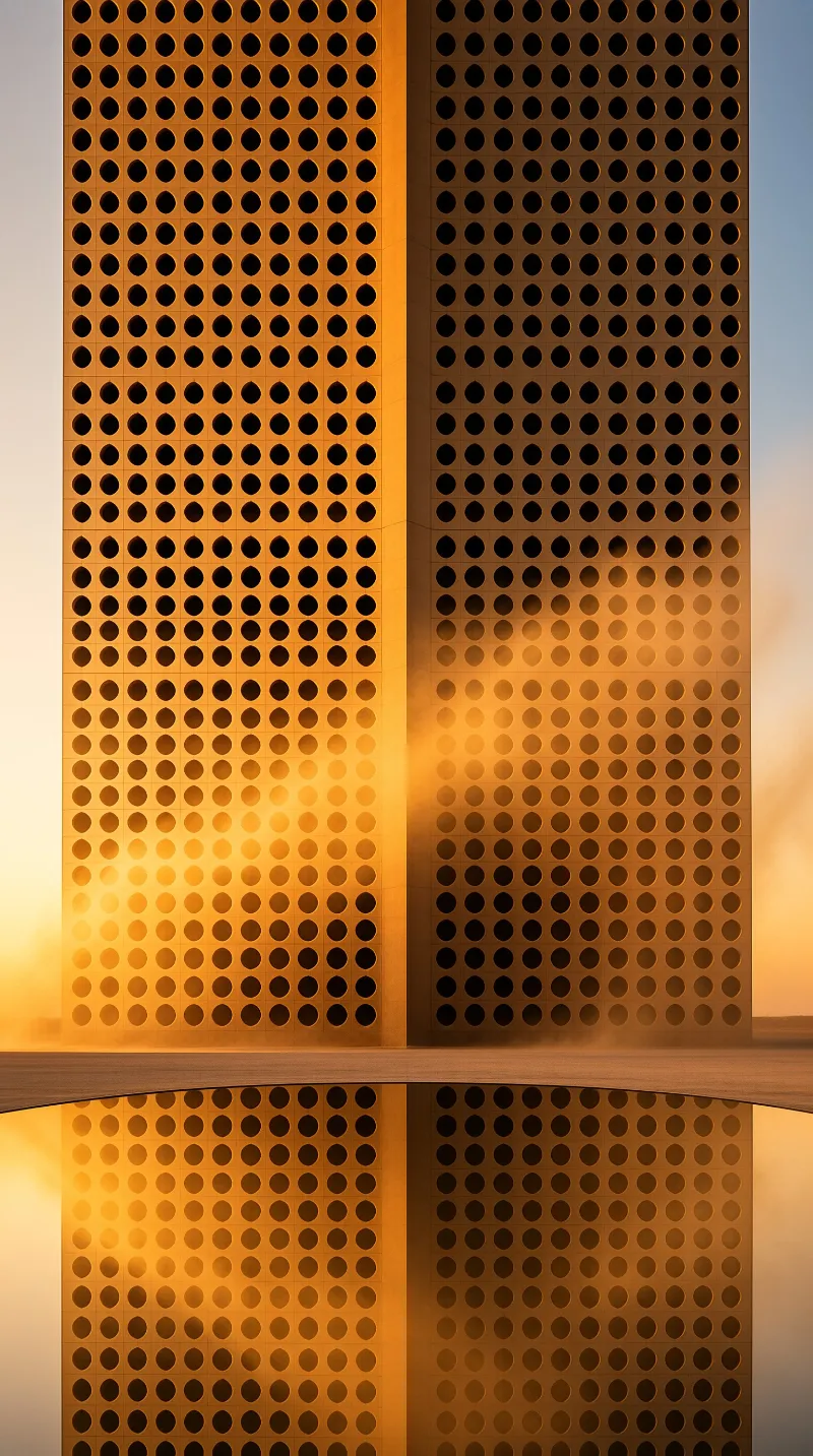 Two tall honey-colored facades punched with round windows stand mirrored in a calm reflecting pool.