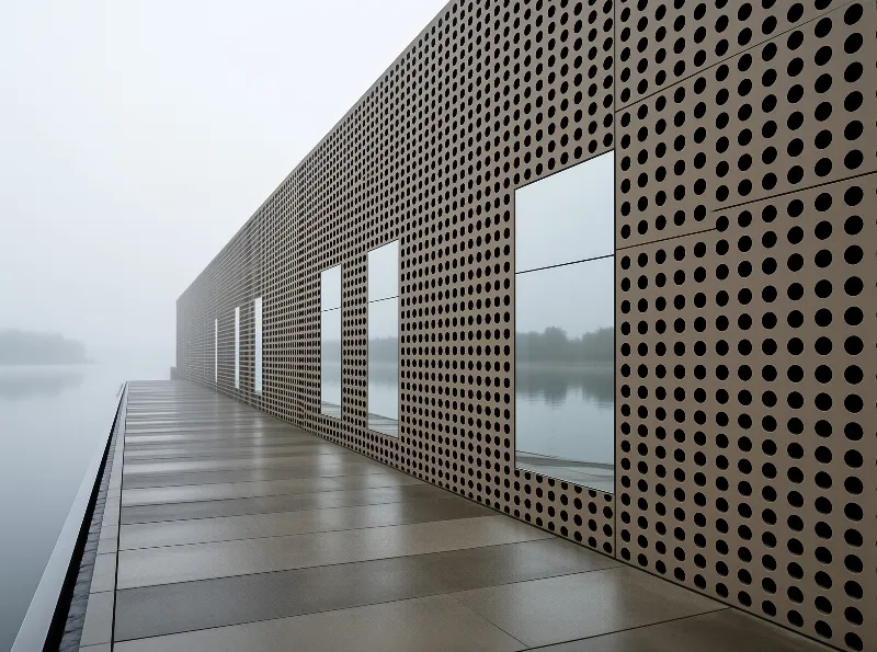 A long modern building clad in copper-toned perforated metal panels stands beside a calm lake shrouded in morning fog
