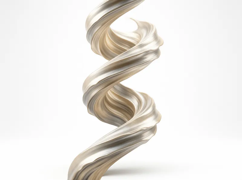 A beige spiral ribbon sculpture floats against a plain white backdrop with soft shadows defining its curves.