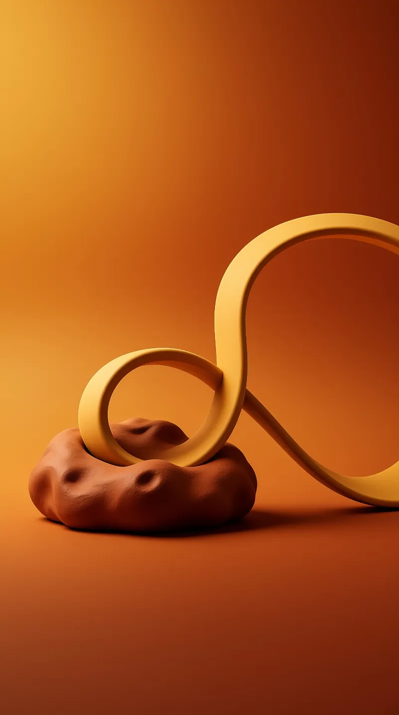 A smooth yellow ribbon curves over a textured brown mass set against a warm orange gradient background with soft shadows.