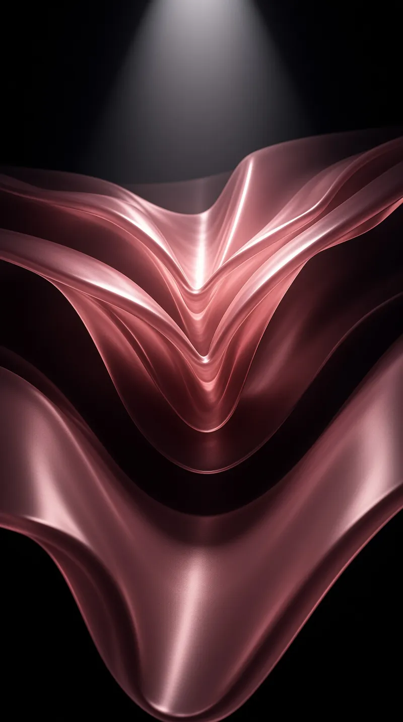 A rose gold silk ribbon flows in a dark studio, its glossy surface catching the spotlight to reveal fine folds and depth.