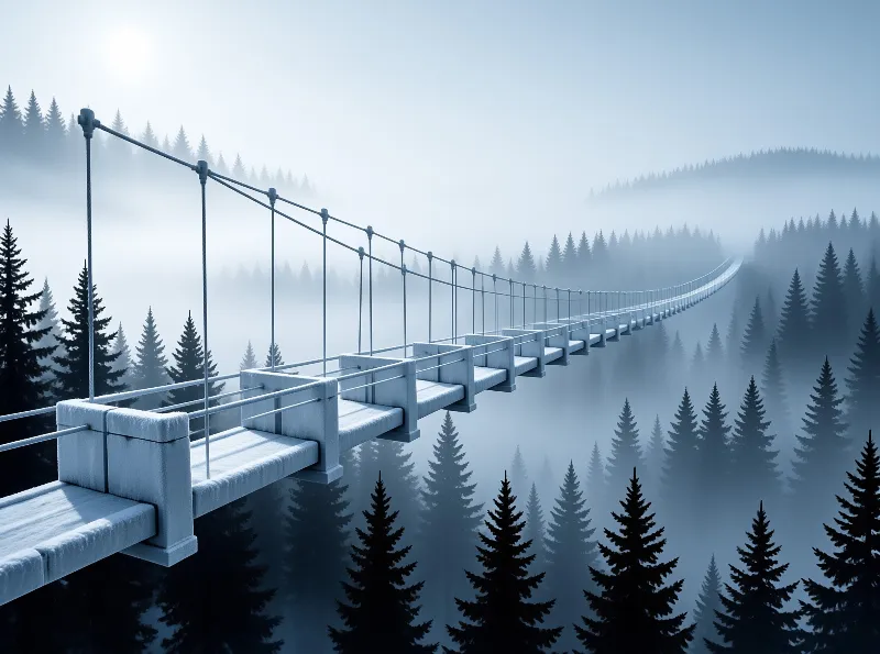 A white footbridge stretches over a valley of evergreen trees obscured by thick blue morning mist.