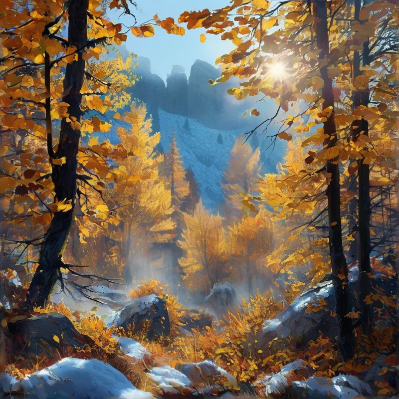 Sunlit Autumn Mountain Forest