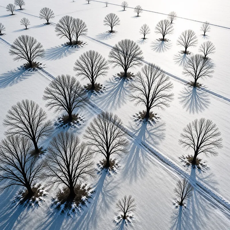 An aerial view shows leafless trees set in loose rows across a white frozen field, each casting a long blue shadow.