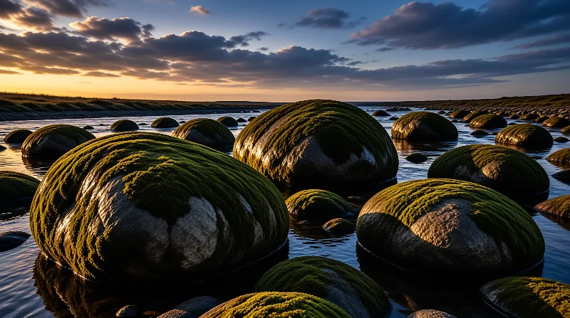 Giant Mossy Boulders in River
