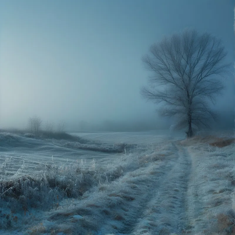 A large bare tree stands next to a dirt track cutting through frosty fields under a pale blue misty sky.