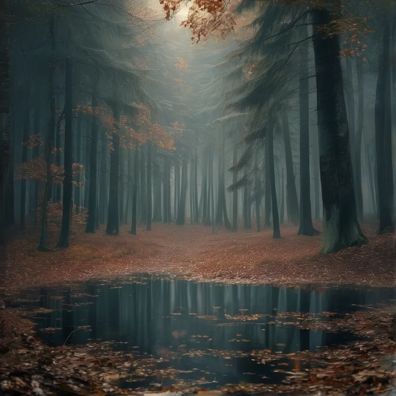 Tall pine trees stand in a foggy forest where sunlight beams onto a calm pond reflecting the trees.