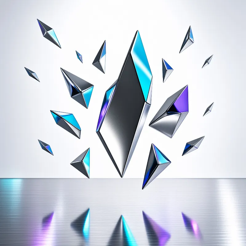 Polished metal shards with cyan and violet facets hover over a brushed steel floor against pale light.