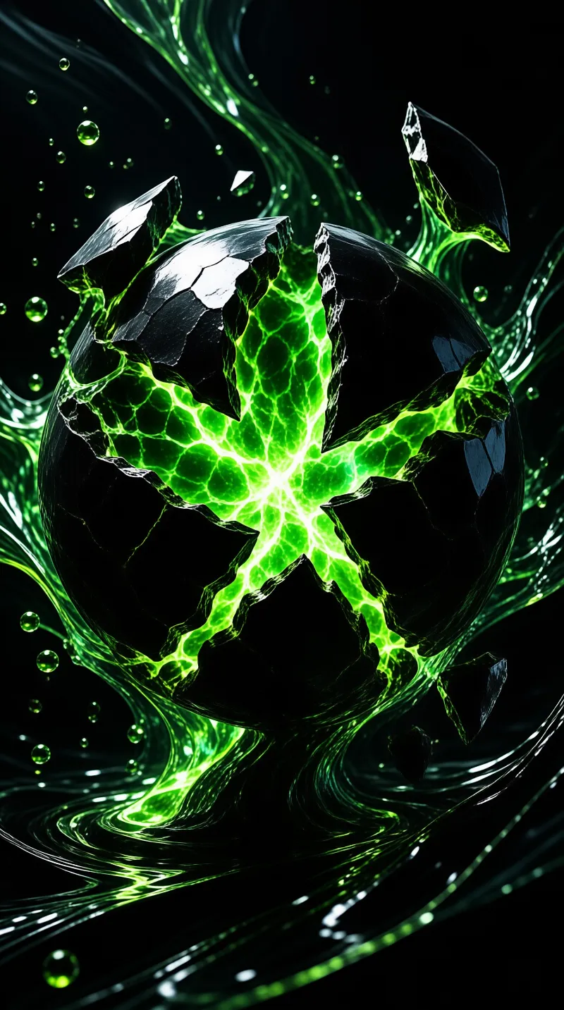 A glossy black orb splitting apart as electric green plasma bursts through its seams into swirling liquid light.