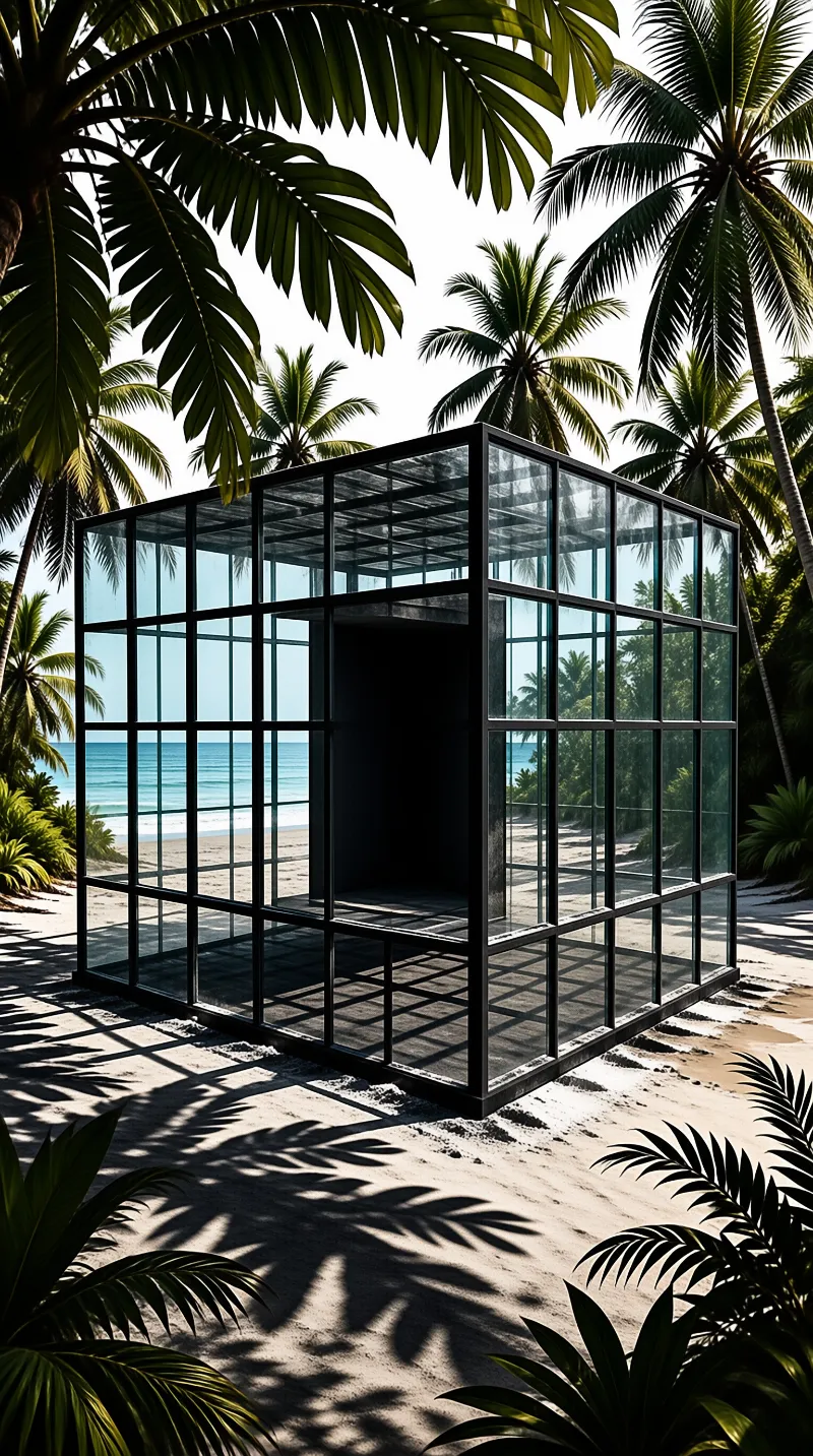 A black framed glass cube stands open on a sandy beach ringed by palms with the sea beyond.