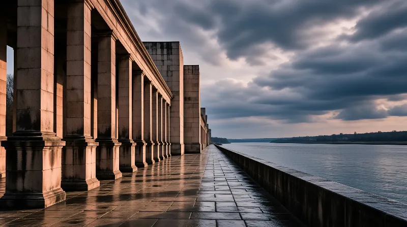 A sequence of stone pillars borders a wet promenade next to a wide river beneath a moody overcast sky.