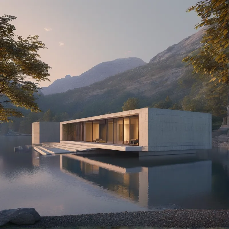 Minimalist concrete water villa extends over still reflective lake at dawn, misty forested mountains rise softly behind it.
