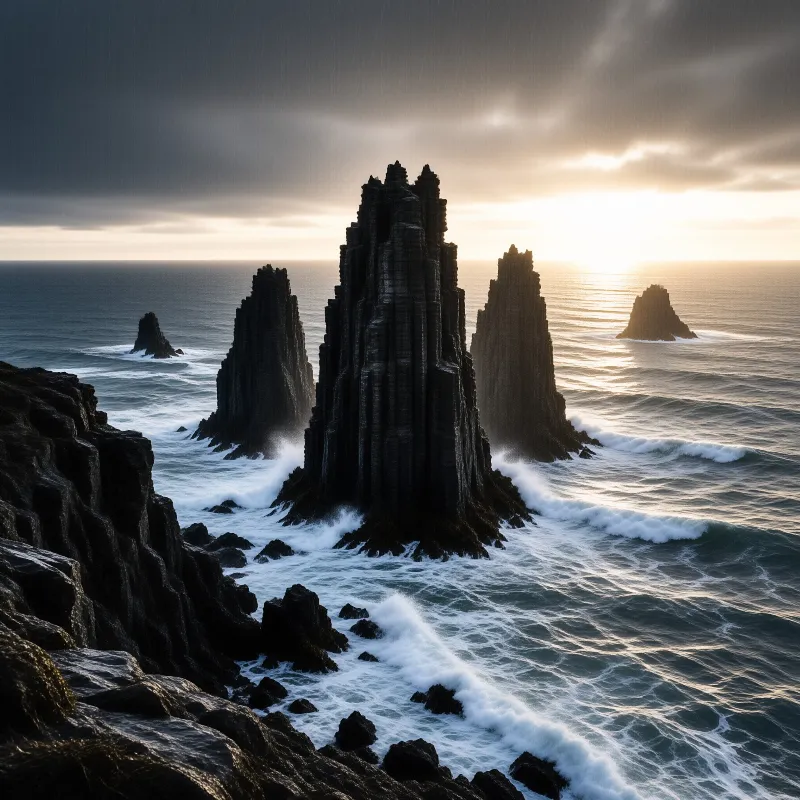 Dramatic dark columnar rock formations rise vertically from the churning ocean waves while the sun casts a bright golden reflection across the water surface beneath a cloudy sky.