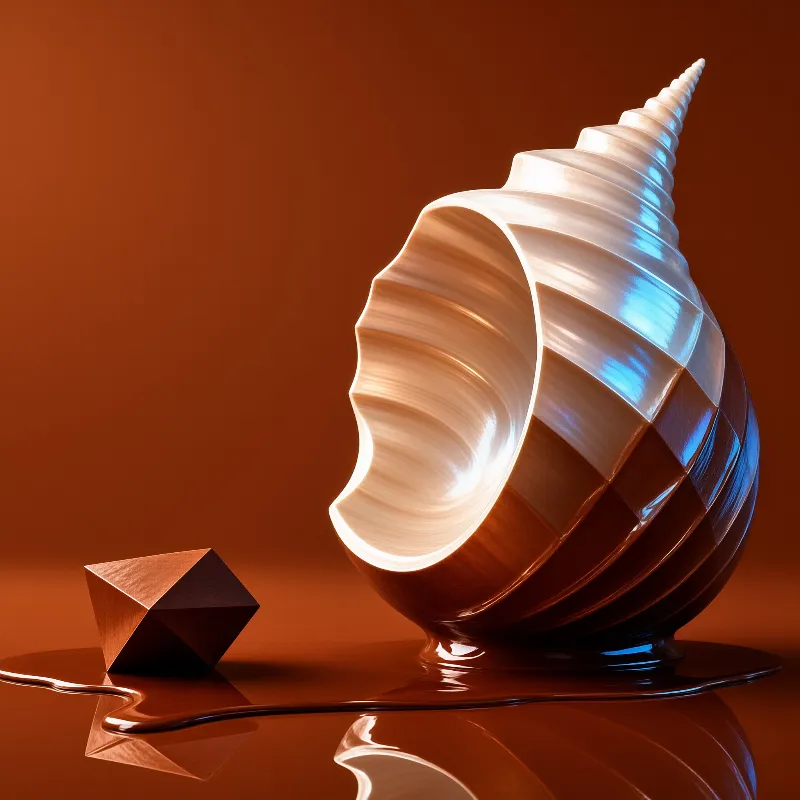 A glowing white and amber spiral shell sits beside a dark geometric block on a shiny orange liquid surface.