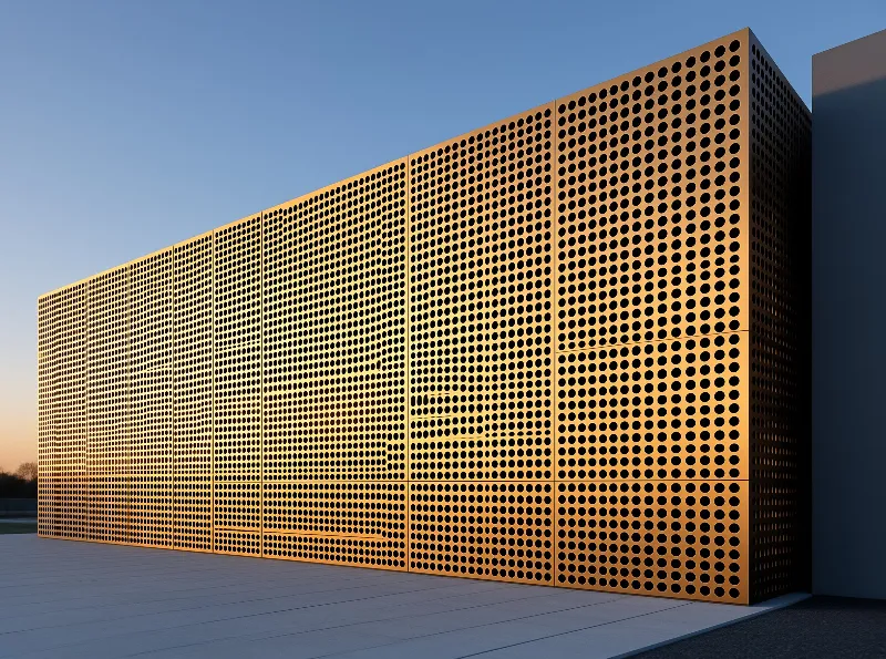 Warm sunlight sweeps along a long metal wall patterned with a grid of circular openings under an orange sky.