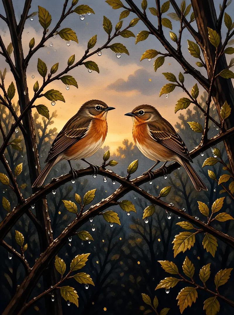 Two birds face each other on a dew-covered branch against a warm sunset sky and dark forest trees.