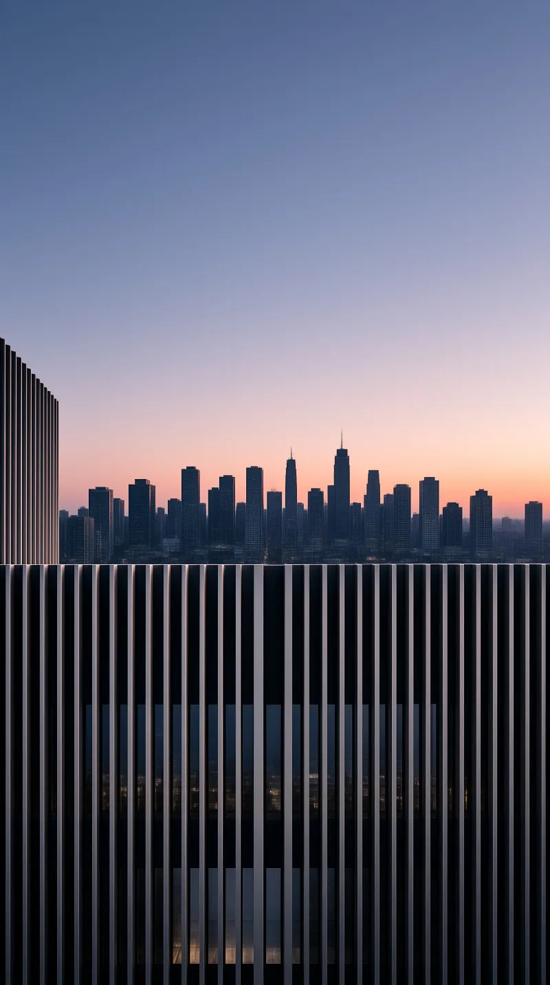 Vertical metal louvers slice the foreground before a hazy skyline of towers under a soft violet sky.