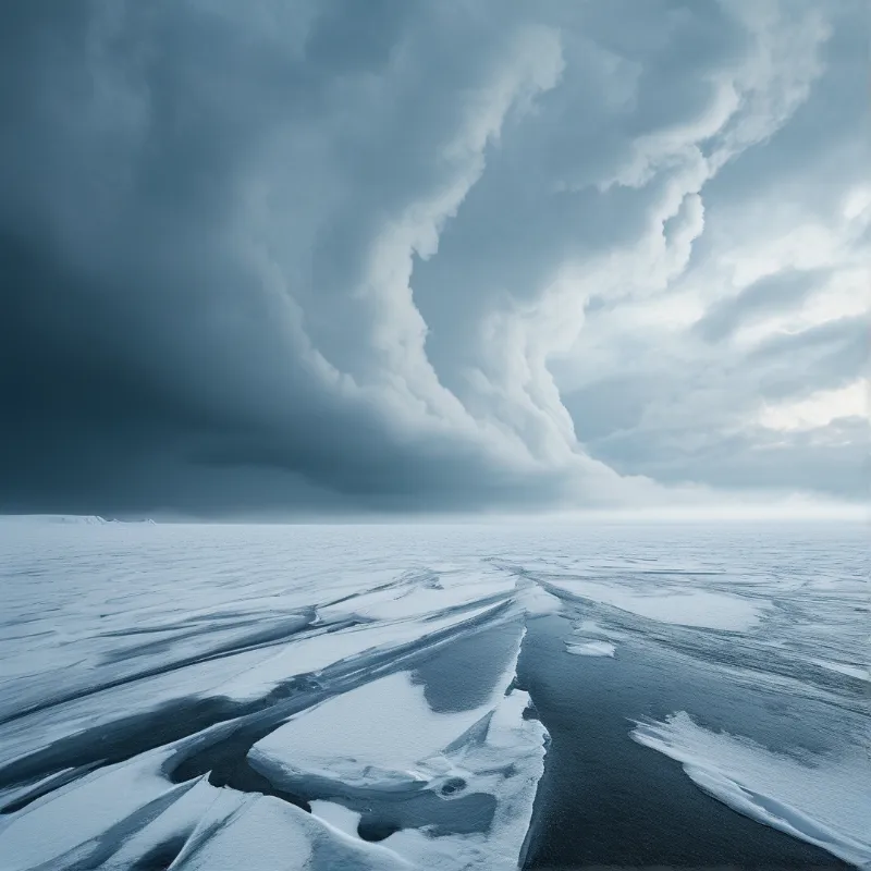 A vast expanse of cracked white sea ice stretches toward a horizon dominated by towering dark grey storm clouds.