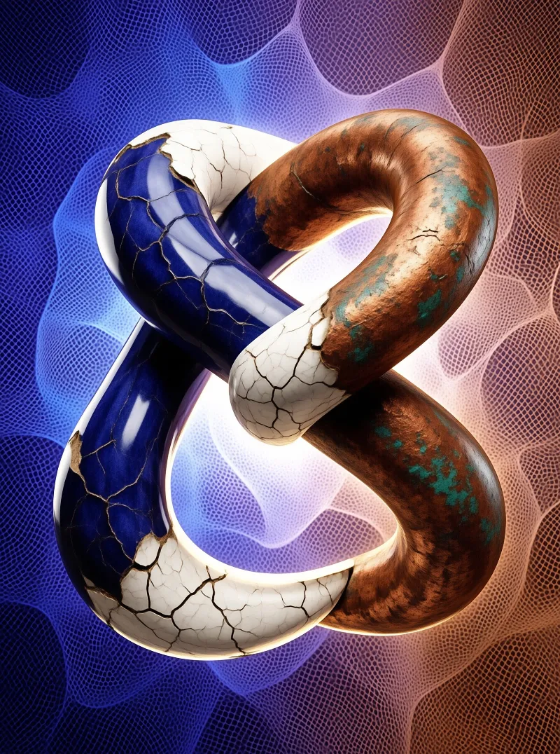A looping trefoil knot sculpture combines glossy blue crackle glazed porcelain with sections of verdigris patinated copper.