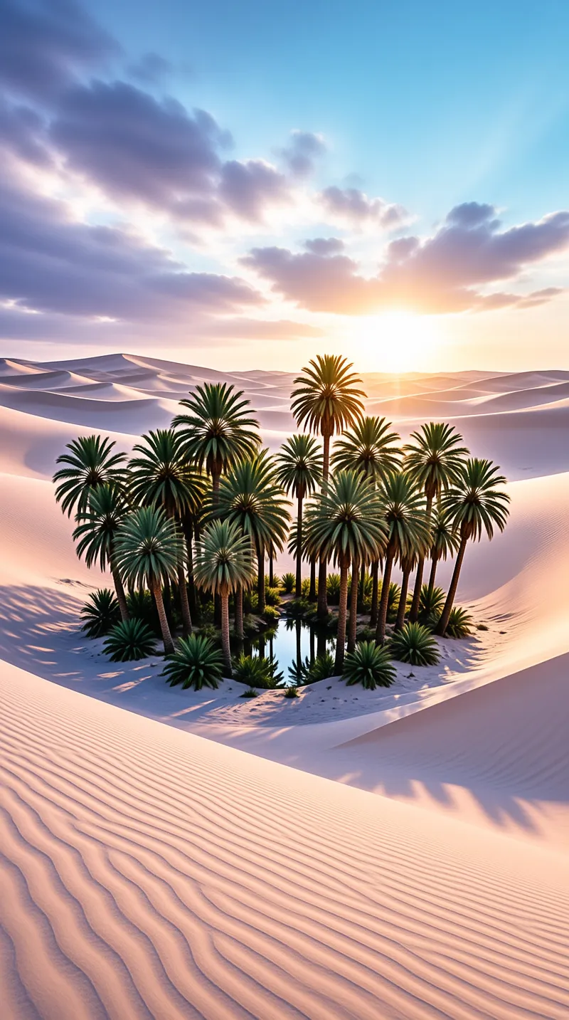 Green palm trees surround a small pond in the middle of rolling sand dunes under a bright sunset sky.