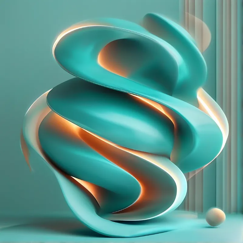 A twisted cyan form glows with orange light inside its curves, resting on a floor beside soft vertical columns.