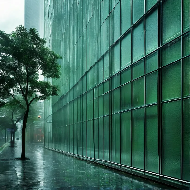 Vertical panes of an emerald glass curtain wall glisten in the rain beside a lone street tree.