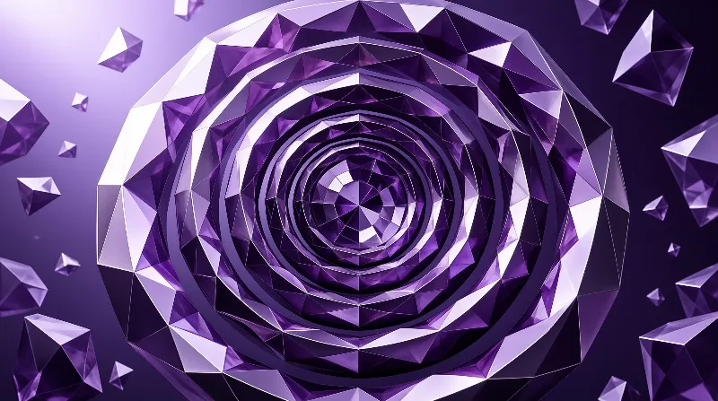 Concentric rings of faceted violet crystal spiral inward while loose purple shards drift around them