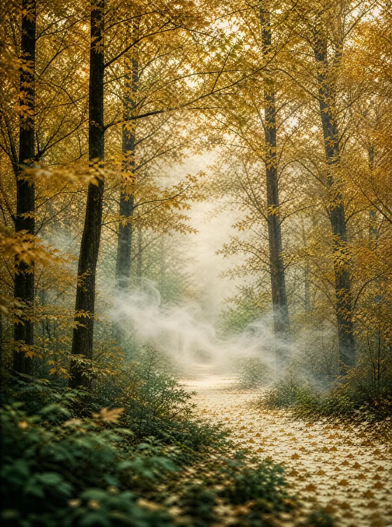 The image shows a winding forest path covered in fallen golden leaves, surrounded by tall trees with yellow foliage, and a soft mist hanging in the air, creating a warm, tranquil atmosphere.