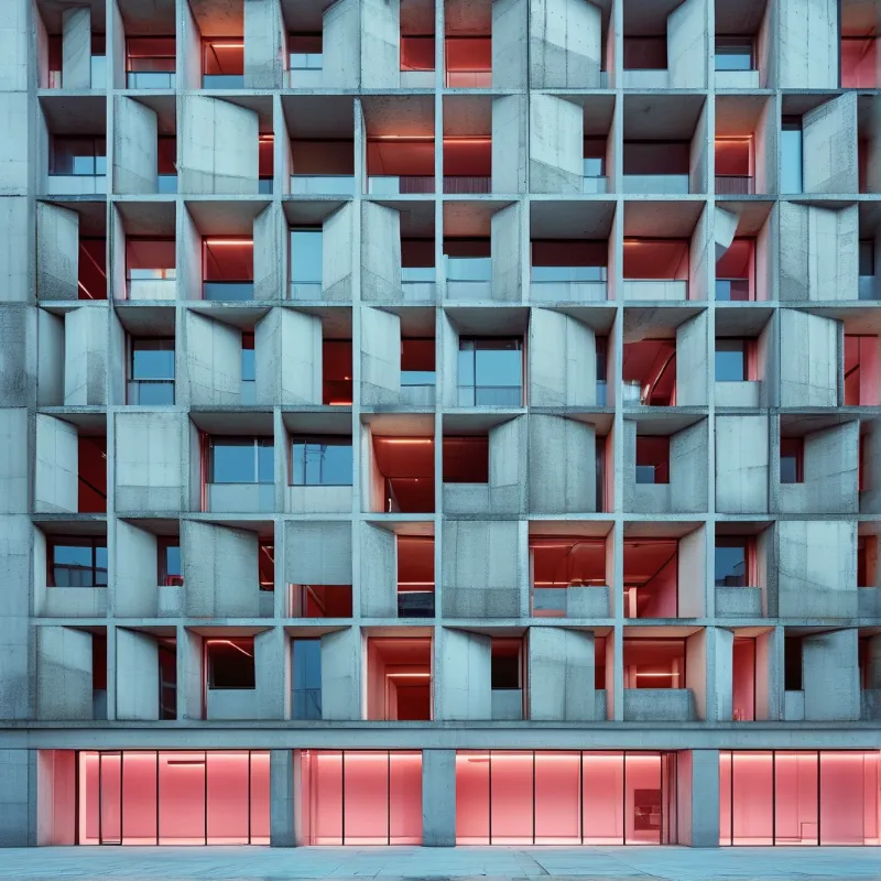 A geometric concrete facade features a grid of recessed spaces glowing with warm red light above a ground floor of glass.