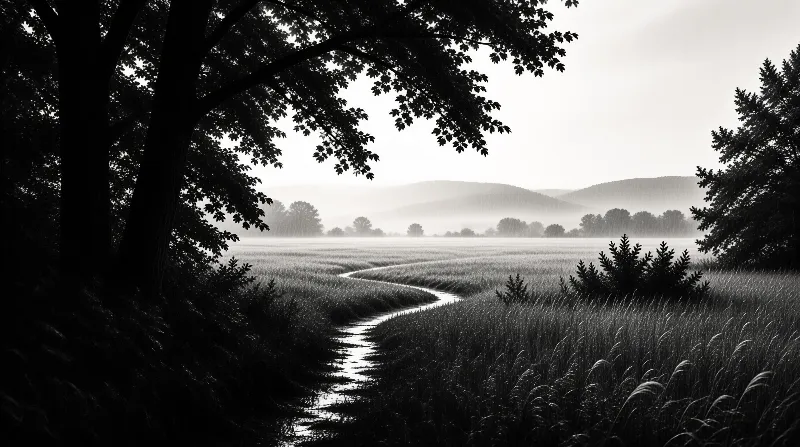 A narrow bright stream winds through dark tall grass beneath silhouetted trees with fog over distant hills
