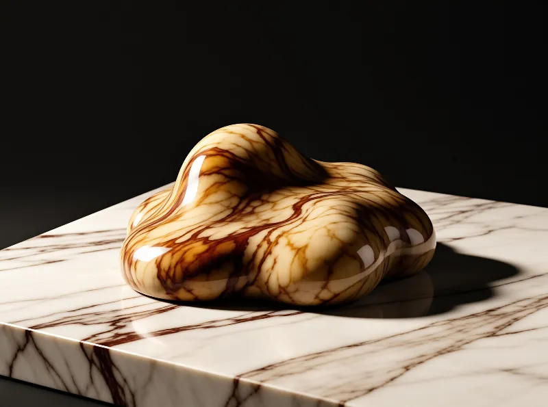 A glossy organic lump streaked with rust marbling rests on a white stone table against a black void.