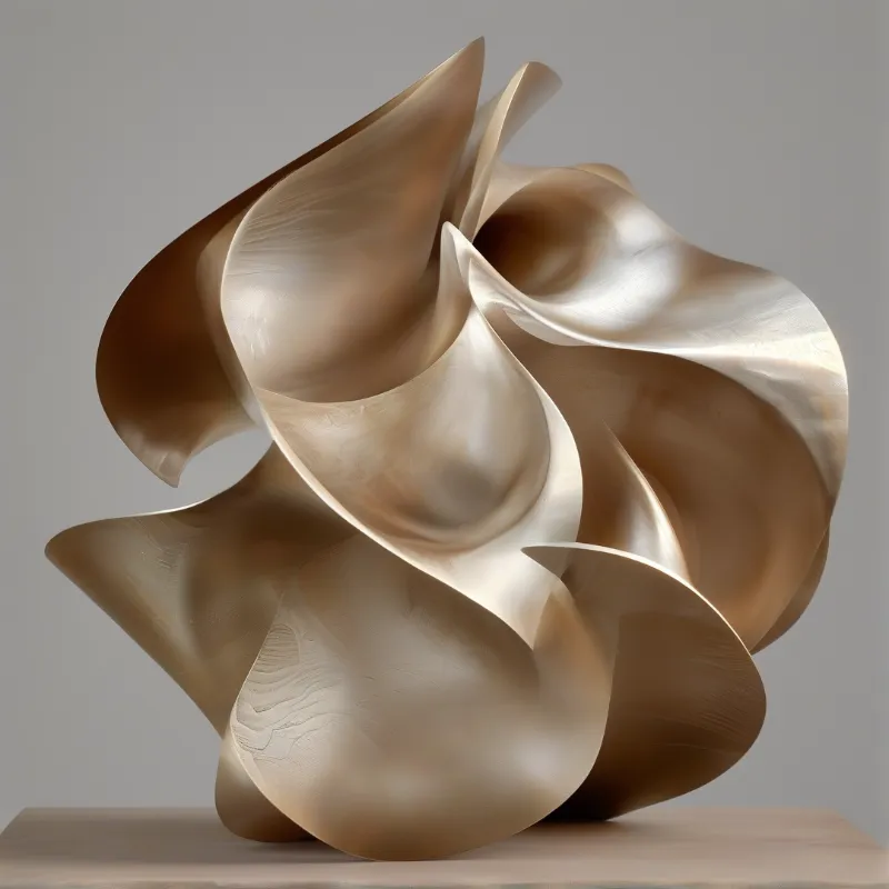 A smooth cream abstract sculpture of looping curved surfaces rests on a wooden base against a soft grey background.
