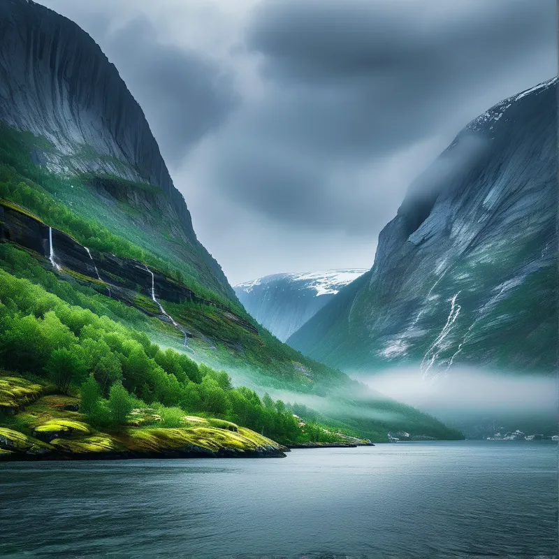 Vast green mountains rise steeply above a calm dark fjord while thick mist obscures the distant peaks under a grey sky.