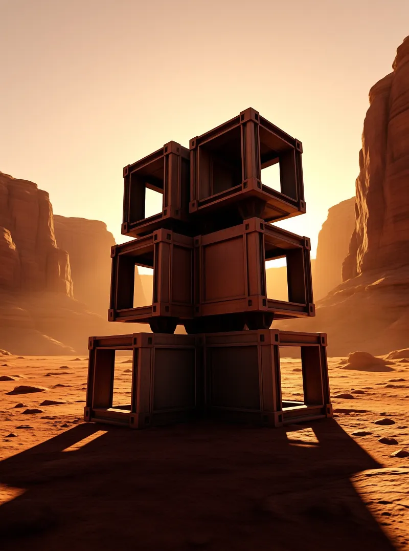 A geometric arrangement of square wooden cubes stands in a sandy canyon during a golden hour sunset.