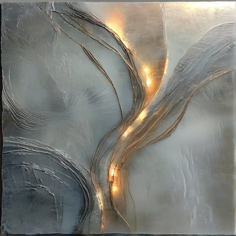 An abstract artwork featuring a luminous golden stream winding through dark silver and blue textured brushstrokes.