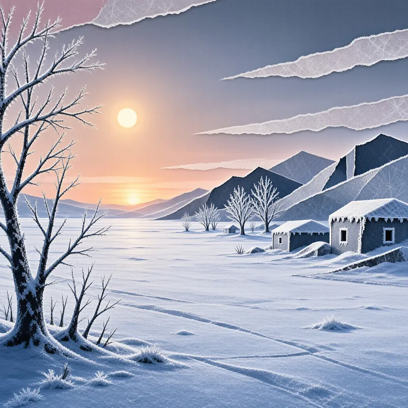 A snow-covered tree stands near cabins with snow-laden roofs under a sky made of layered paper strips with a low sun.