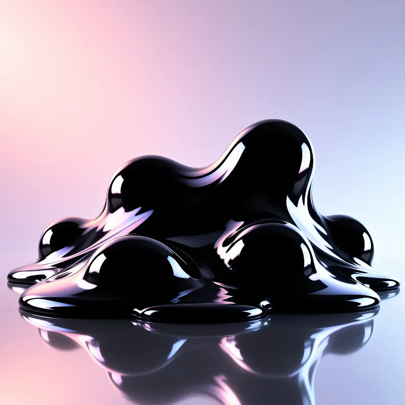 Three dimensional render of a molten black mass with bright specular highlights resting on a reflective plane