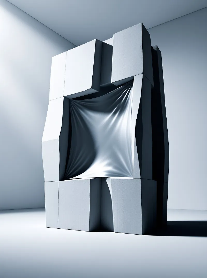 A white sculptural block monolith stands in a bright gallery with silk fabric draped through its square opening.