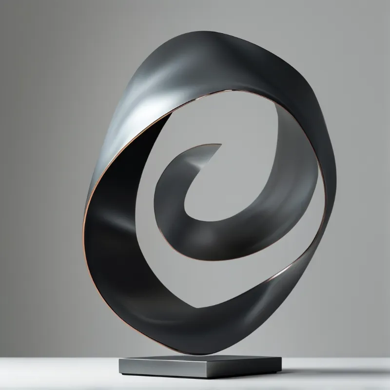 A dark twisted metal form with copper accents rests on a small rectangular base against a plain grey wall.