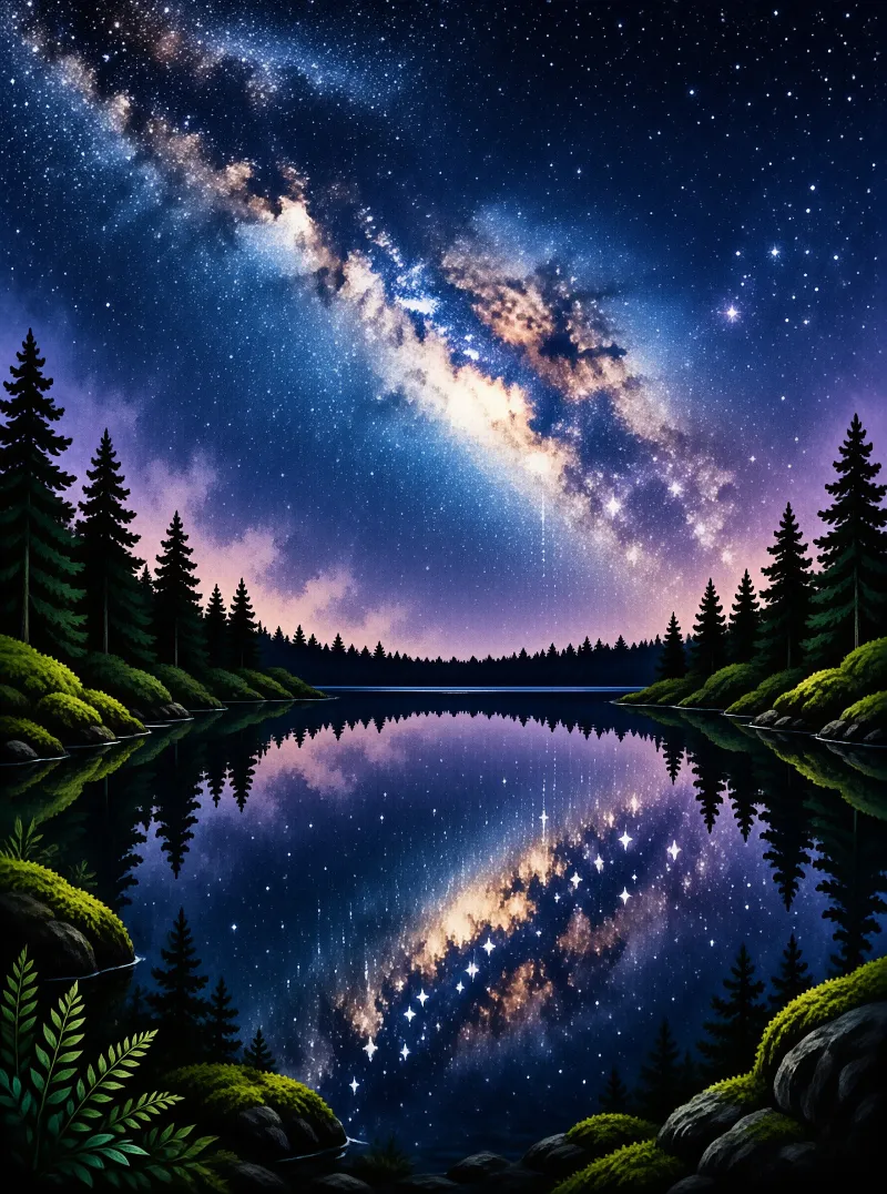 A vibrant night sky filled with stars and the Milky Way reflects in a calm lake surrounded by dark pine trees.